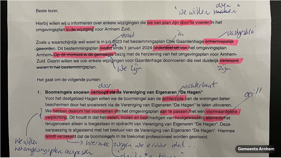 Voorbeeld teruggestuurde brief met verbeteringen.