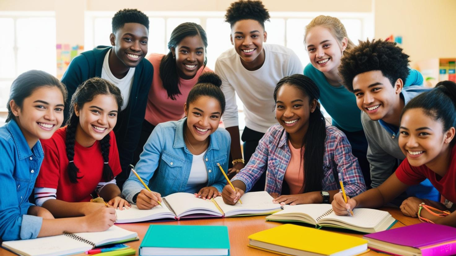Oudere schoolkinderen met schriften en potlooden in de hand. Kijken lachend in de camera.