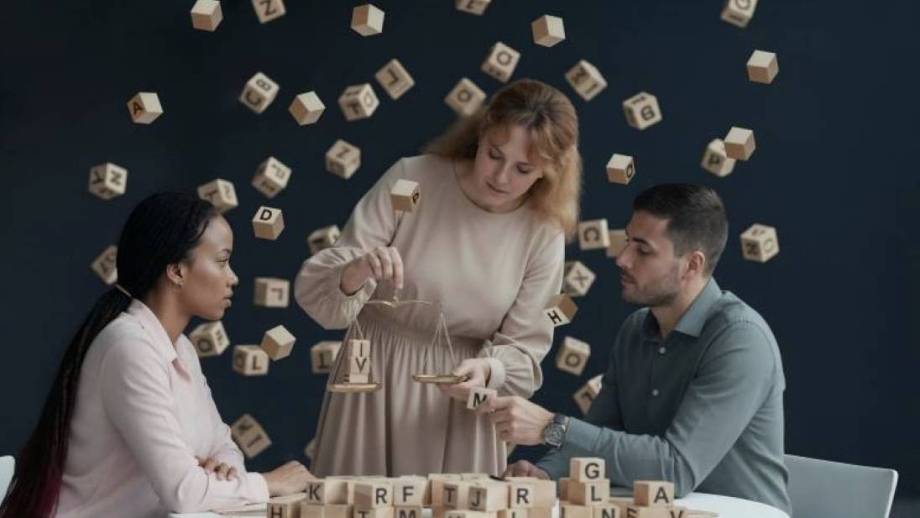 Twee mensen in gesprek aan tafel met letterblokjes op tafel en in de lucht. Bij de tafel staat vrouw Justitia met een weegschaal met daarop letterblokjes.