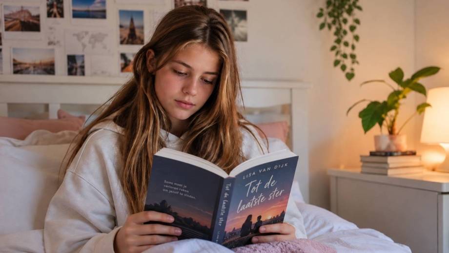 Tiener leest boek in bed. Gemaakt met AI.